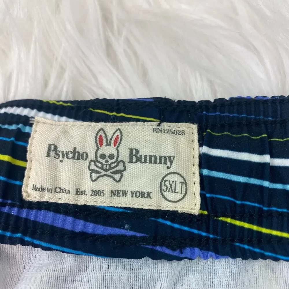 Psycho Bunny Men's Swim Trunks Size 5XLT Blue Stripe Dry Pocket NWT